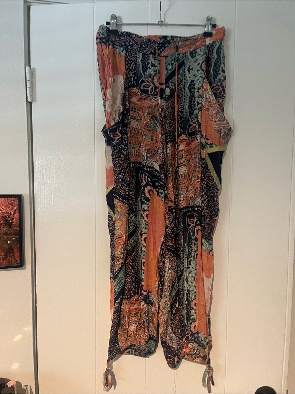 Olivaceous Orange & Navy Paisley Wide-Leg Boho Pants